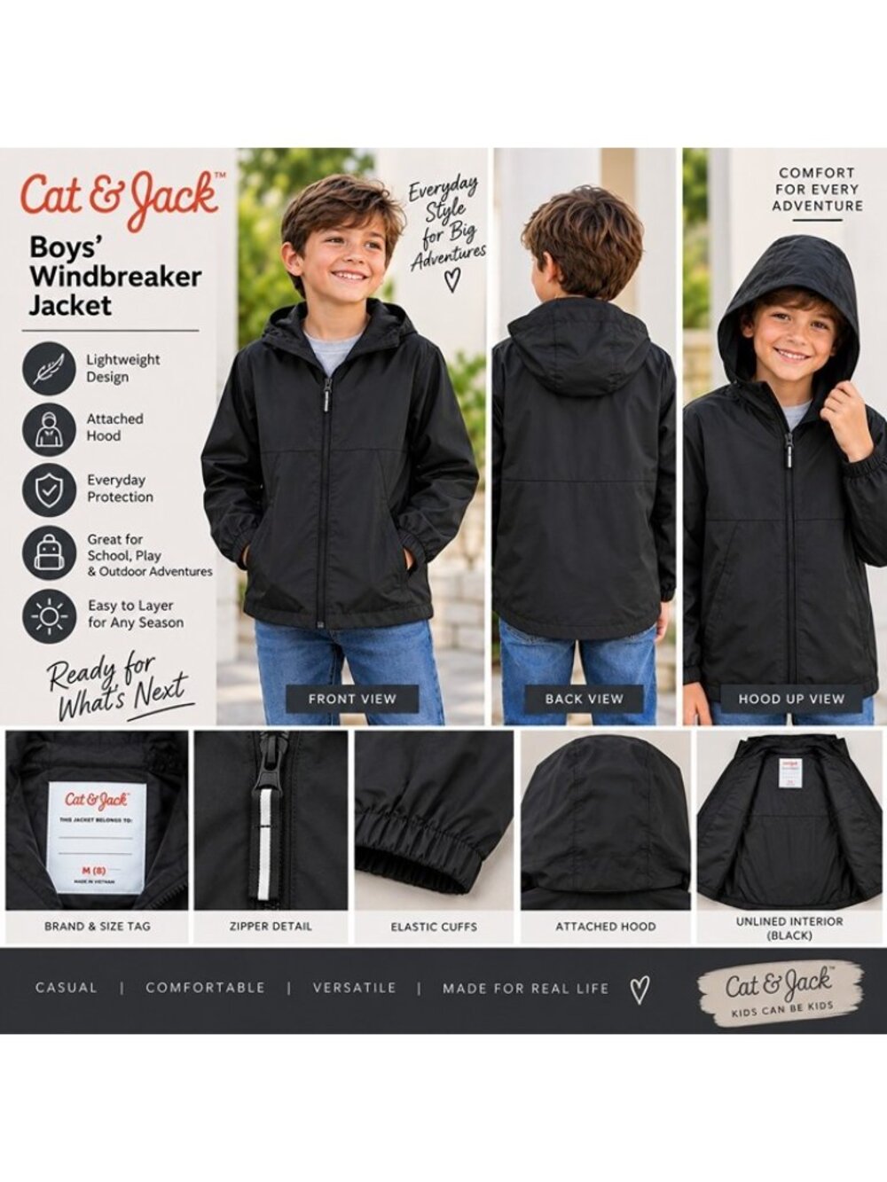Cat & Jack Boys Black Hooded Unlined Windbreaker Jacket Size M 8 Lightweight NWT